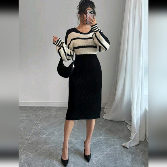 Women's Elegant Knitted Sweater Dress With Round Neck, Long Sleeves, Striped, Dr - Picture 6 of 6